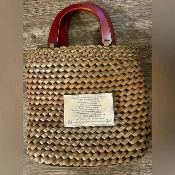 Fossil Vintage Brown  Woven Leather Purse Hand Bag With Wooden Handle Bohemian - Picture 3 of 10